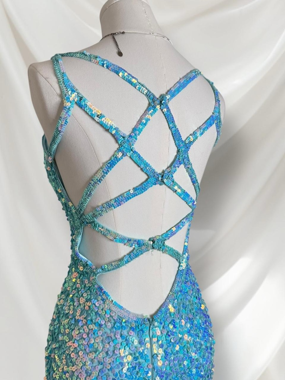 Sequin Mermaid Evening Dress in Aqua Blue - Strappy Back - Picture 5 of 8